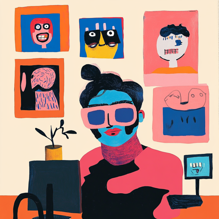 A vibrant digital illustration features a person with blue skin, large pink sunglasses, and a red scarf sitting at a desk with a computer. The background shows six abstract portraits of various faces and shapes in bold, contrasting colors.