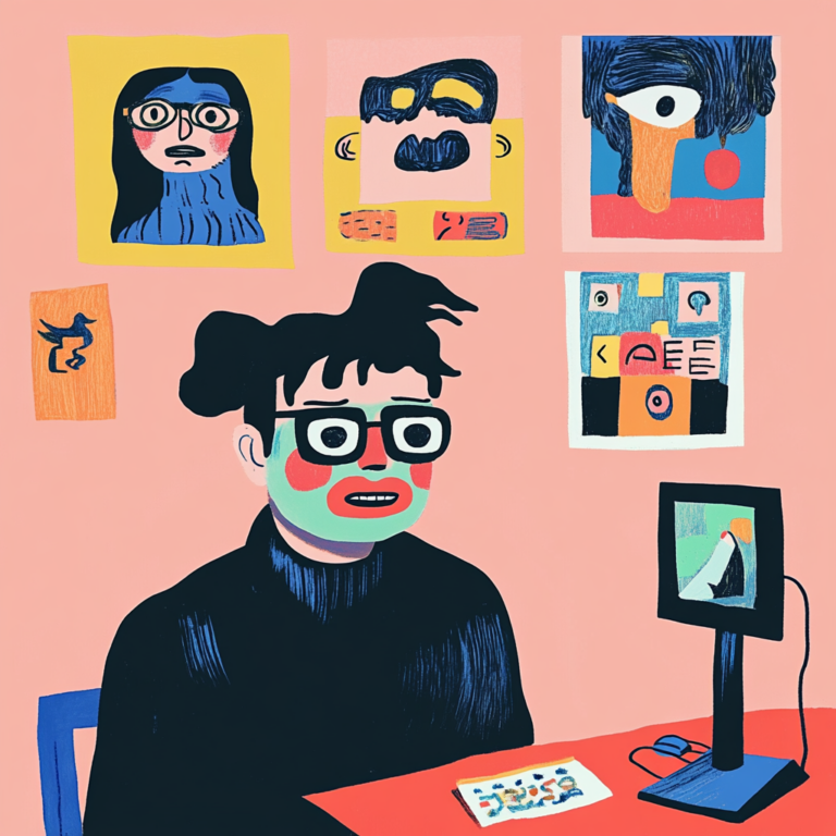 A stylized illustration features a person with black hair and glasses sitting at a desk, looking at a computer screen showing a bird. The background wall displays abstract, colorful art portraits and shapes on a pink background. The person seems focused and pensive.