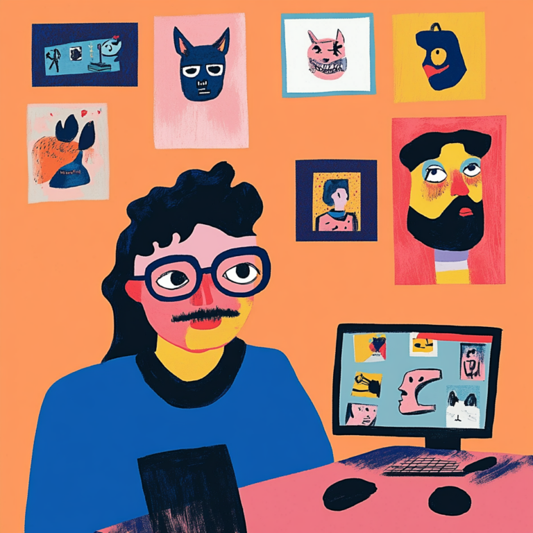 A colorful illustration of a person with glasses and a mustache sitting at a desk, looking at a computer screen. The screen displays various quirky character illustrations. The wall behind them features several framed, whimsical portraits on an orange background.