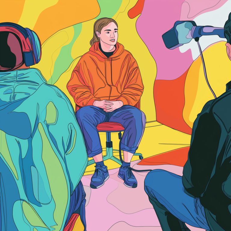 An illustration shows a person wearing an orange hoodie and dark pants sitting on a chair in a brightly colored, abstract room. They are being filmed, with two crew members positioned on either side, one holding a camera and the other with headphones on.