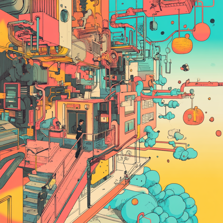 A vibrant, futuristic illustration showing a complex structure with intricate pipes, gears, and various machinery. The scene is colorful, with hues of orange, yellow, blue, and teal. Two people are depicted, one on a stairway and another near the building. Floating orbs and clouds surround the structure.