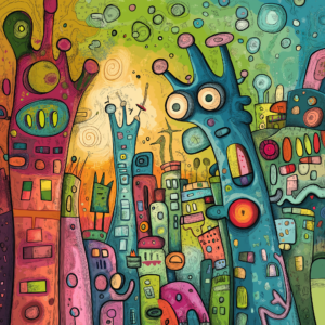 A colorful, whimsical drawing of a fantasy city populated with quirky, tall buildings and abstract, friendly-looking creatures with exaggerated features. The vibrant background is filled with swirling patterns and playful shapes, creating a lively, surreal atmosphere.