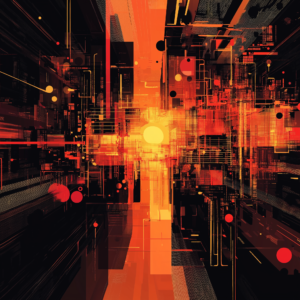 Abstract digital artwork featuring a vibrant explosion of geometric shapes and lines in red, orange, and black hues. Central glowing sphere radiates light, creating a sense of depth and motion, evoking a futuristic and dynamic atmosphere.