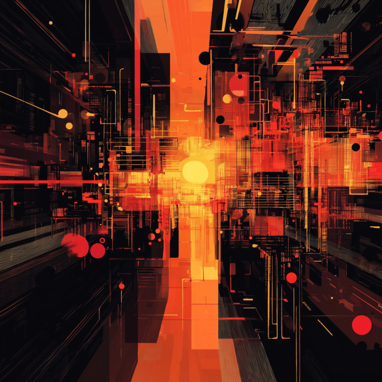 Abstract digital artwork featuring a vibrant explosion of geometric shapes and lines in red, orange, and black hues. Central glowing sphere radiates light, creating a sense of depth and motion, evoking a futuristic and dynamic atmosphere.