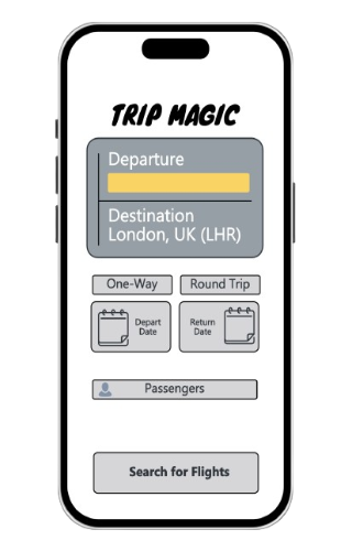 A smartphone screen displays a flight booking app called "Trip Magic." The interface includes fields to enter departure location and destination (London, UK), options for one-way or round trip, date selectors for departure and return, a passenger count button, and a "Search for Flights" button.