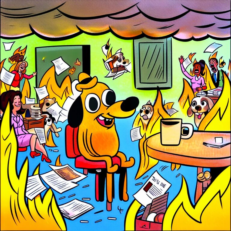 A cartoon shows a dog sitting in a room engulfed in flames, surrounded by flying papers and cheerful dogs. The dog calmly says, "This is fine," while holding a cup of coffee. People in the background also seem cheerful despite the chaos.