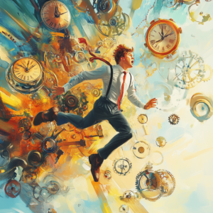 A man in business attire runs in a surreal scene surrounded by clocks and gears, representing the concept of time. The vibrant background blends blue and orange hues, creating a sense of movement and urgency.