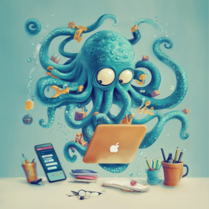 A cartoon octopus with multiple tentacles multitasks while using a laptop, smartphone, and various office supplies. The scene is colorful and playful, with the octopus appearing engaged and focused.