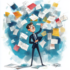 A cartoon man in a suit stands surrounded by flying papers and documents. He holds a tablet and looks cheerfully at a paper above him. The background is a swirl of blue and white, suggesting a busy or chaotic office environment.